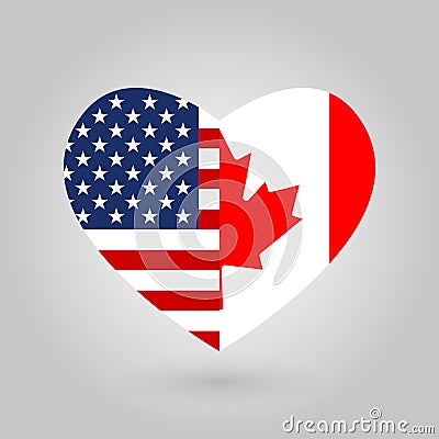 US and Canada flags icon in the heart shape. American and Canadian friendship symbol. Vector illustration. Vector Illustration
